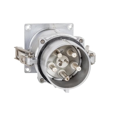 CEE apparatindtag 250A, 6h, IP67, 3P+PE, med robust metalhus og synlige stikben på hvid baggrund.