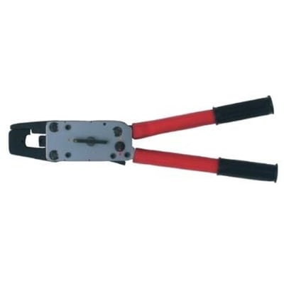 Oversidebillede af Elpress T2600C pressetangen, der viser den grå metal-mekanisme og justeringshjul på de lange røde håndtag.