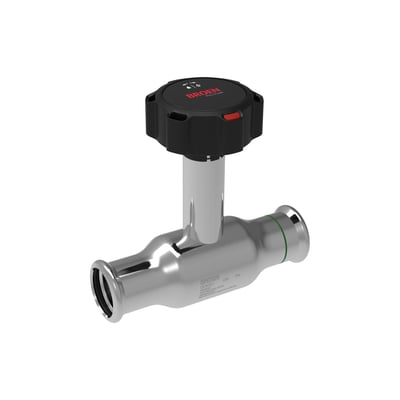 BROEN Full Flow kugleventil DN15 i rustfrit stål med grønt mærkat og sort gearhåndtag, på hvid baggrund.