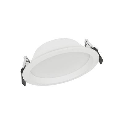 Undersiden af Ledvance Downlight Alu indbygningsspot, der viser monteringsklemmer og aluminiumskabinet.