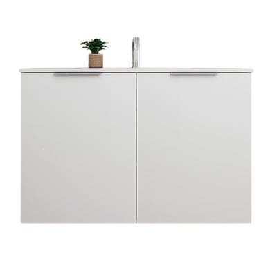 Sanibell Online møbelsæt i hvid højglans, 101x36 cm, med to låger og diskrete krom greb, set forfra på hvid baggrund.