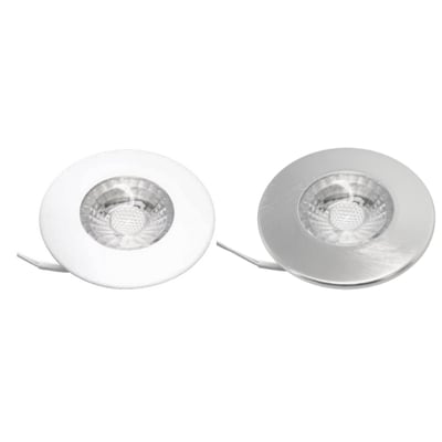 Nordtronic Gabriella møbelspot i hvid og børstet stål, begge med Ø55 mm, 4W og 40° lysspredning.