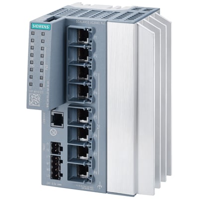 Siemens SCALANCE XC208G PoE switch, en kompakt, grå og sølvfarvet enhed med 8 RJ45-porte, diagnostiklys og køleribber.