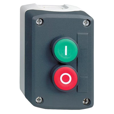 Detaljeret billede af Schneider Electric XALD213 trykkasse, der viser de tydeligt mærkede 'I' og 'O' knapper.