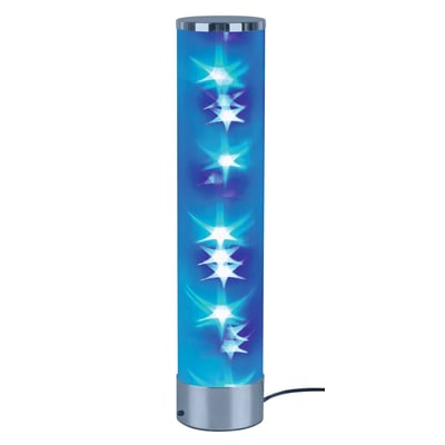 Trio Lighting Rico LED bordlampe med blå stjernemønster og krom base, isoleret på hvid baggrund.