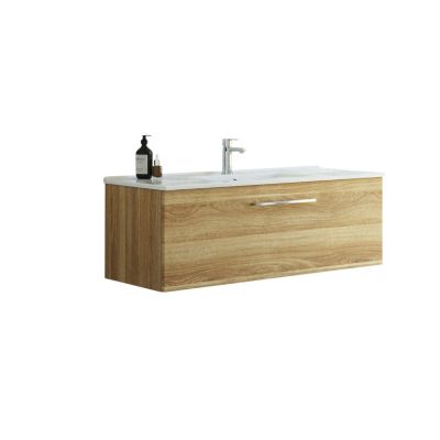 Dansani Mido møbelpakke på 121 cm med en skuffe og varm eg-finish, komplet med Amber håndvask og krom hane på hvid baggrund.