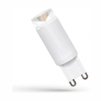 Hvid SpectrumLED G9 LED-pære med keramisk design, 2,5 W og 4000 K, set skråt med de to stifter synlige.