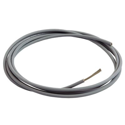 Lapp H05Z-K fortinnet ledning i grå farve, 1 mm², spole med synlig fortinnet kobberleder i enden.