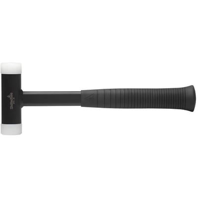 Set fra oven: Hultafors rekylfri hammer STFS60 med sort gummihåndtag og hvide nylonbaner.