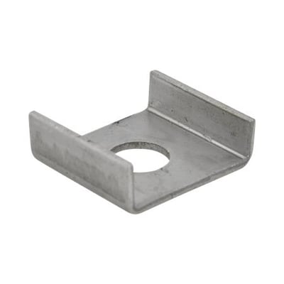 Walraven U-skive til RapidRail, Ø 12,5 mm i rustfrit stål 316, med midterhul og opstående kanter set skråt.
