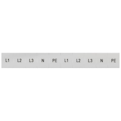 Siemens mærkeplade med lodrette mærkninger L1, L2, L3, N, PE, L1, L2, L3, N, PE i hvid plast til 8,2 mm klemmebredde.