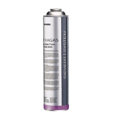 Sievert Ultragas gasdåse med specifikationer for propan, butan, propene, acetone blanding og selvlukkende ventil.