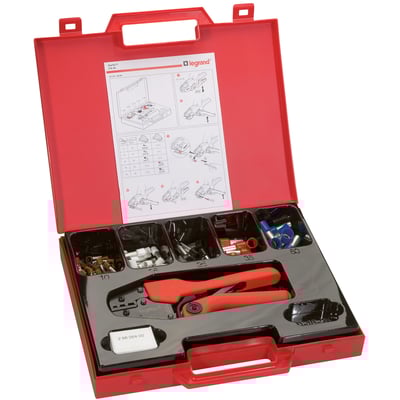 Legrand Starfix pressetang og tyllekitsæt til 10-50 mm² i rød opbevaringskasse med instruktioner.