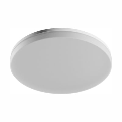 SpectrumLED LED CCT-loftslampe med rund, hvid skærm og hvid kant, set skråt nedefra.