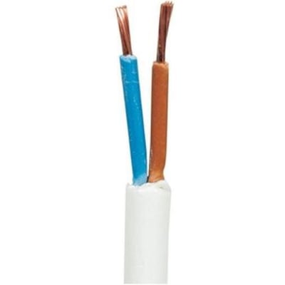 Hvid 2x1,5 mm² H05VV-F rund PVC tilledning med blotlagte kobberledere i blå og brun isolering.