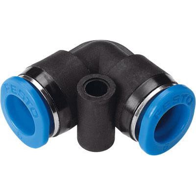 Festo vinkel-stikforbindelse QSML-4 med blå ring og sort plasthus. Bruges til 2,5 mm nominelle størrelser.