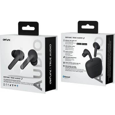 DeFunc True Audio trådløse headset i sort, vist på produktemballagen med detaljer om funktioner og teknologi.