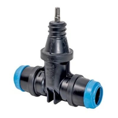 Hawle stikledningsventil type 2630 med 32mm diameter, fremstillet af sort POM-plast med blå detaljer og indstiksmuffer.
