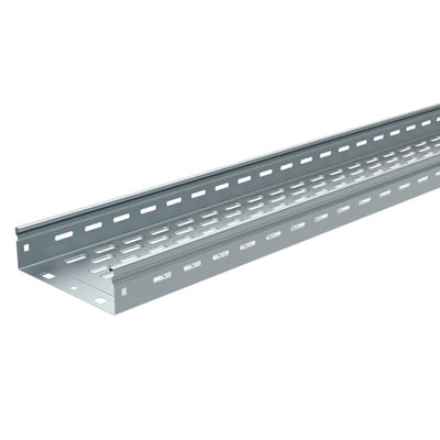 Tættere vinkel af Legrand P31 MFS kabelbakke med fokus på perforeringer og samleender, 60x300 mm i varmgalvaniseret stål.