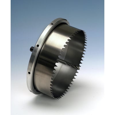 Thürmer cylindrisk hulsav til træ og gips, Ø 125 mm og D 49 mm, set skråt med de takkede skærekanter synlige.