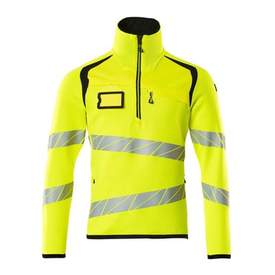 Mascot striktrøje med kort lynlås i Hi-Vis gul og sort, 4XL, med fluorescerende detaljer og skrå reflekser for øget synlighed.