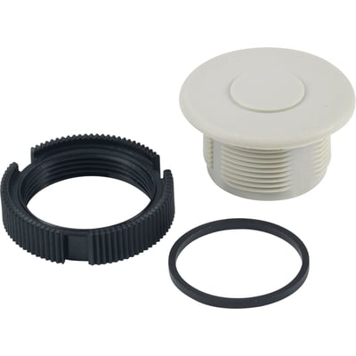 Forskellige dele af Schneider Electric Blindprop ZB2SZ4: lysegrå prop, sort møtrik og tætningsring til Ø22 mm hul.