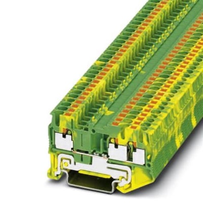 Tættere visning af Phoenix Contact PT 2,5-TWIN-PE jordklemme, fremviser push-in mekanismen og gul/grønne farvevariationer.