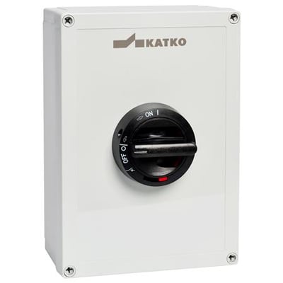 Katko ABS reparationsafbryder med 4 poler, 16A og AC23 mærkning, monteret med sort drejehåndtag på et hvidt kabinet.