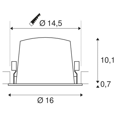 Teknisk tegning af SLV NUMINOS® DL XL indbygningsspot, viser installationsmål med diametre og dybder.