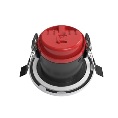 Ansell Lighting Prism Pro downlight hus med rød og sort plastikdetalje og monteringsklemmer.
