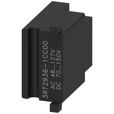 Siemens overspændingsdæmper RC, mærket 3RT2936-1CC00, til AC 48-127V og DC 70-150V, grå plastkonstruktion.