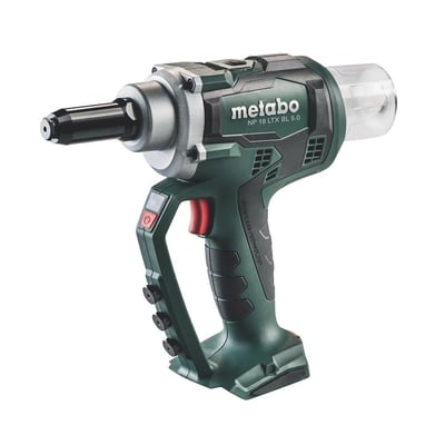 Metabo NP 18 LTX BL 5.0 akku-blindnittepistol i grøn og sort med transparent beholder til nitterester.