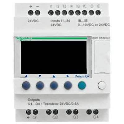 Schneider Electric Zelio 8I / 4U transistor med ur, 24VDC, frontvisning med tydelige terminaler og betjeningsknapper.