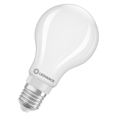 LEDVANCE dæmpbar LED-standardpære med mat, hvid overflade og synlig E27-fatning.