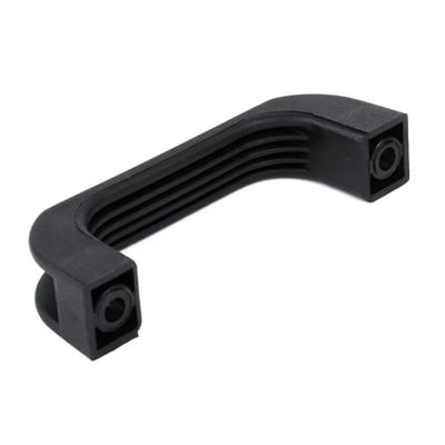 Detaljeret billede af sort Bøjlegreb BG 224, der viser det glatte hul til cylinderformet skrue og det ergonomiske grebsdesign.