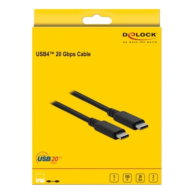 DeLock USB4™ 20 Gbps kabel på 2 meter i original gul emballage med tydeligt logo og specifikationer vist.