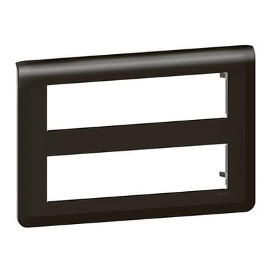 Legrand Mosaic horisontal ramme i mat sort, 2x8M, med to åbninger til moduler og Legrand logo.