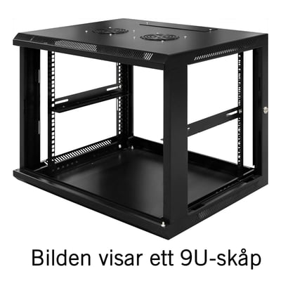 Toten 19" vægkabinet 6U, 600x600mm, sort, med glasdør og synlige monteringsskinner indeni.