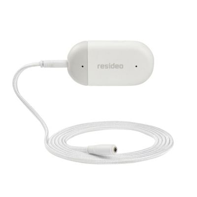 Resideo Braukmann WiFi vandlækage- og frostalarm med hvidt design og tilhørende 1,5 meter vandfølsomt sensorkabel.