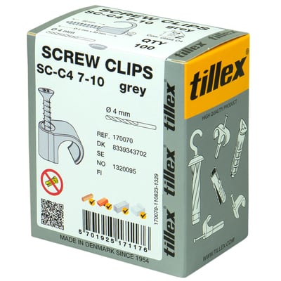 Pakke med 100 stk. Tillex Skrue Clips CS-C4 7-10 til grå rund ledning, der viser produktillustration og C4 skrue.