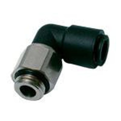 Parker drejbar vinkel 360° med 4mm slangediameter og M5x0,8 udvendigt gevind i teknisk polymer og metal.