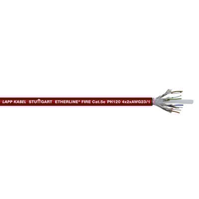 Lapp Etherline Fire Cat.5e PH120 industrielt Ethernet kabel med 4x2xAWG23/1 ledere og rød yderkappe vist på hvid baggrund.