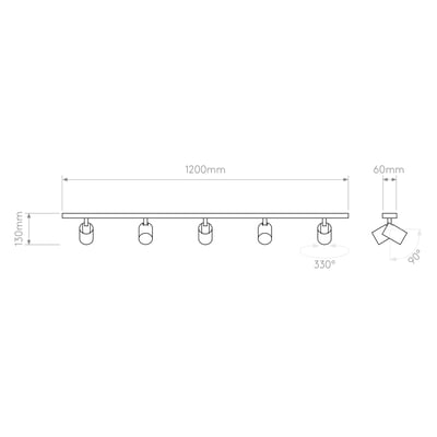 Teknisk tegning af Astro Ascoli Five Bar loftlampe, der viser dimensioner: 1200mm bredde, 130mm højde, 60mm dybde og 330°/90° rotationsvinkler.