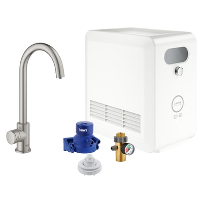 GROHE Blue Professional køkkenarmatur i Supersteel med høj C-tud og 1-grebsbetjening, vist sammen med køleenhed og tilslutningsdele.