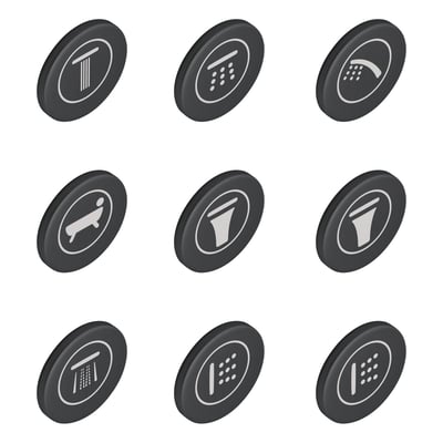 Grohe trykknapsæt med 9 knapper i Frosted Granite finish, vist med forskellige symboler for funktioner.