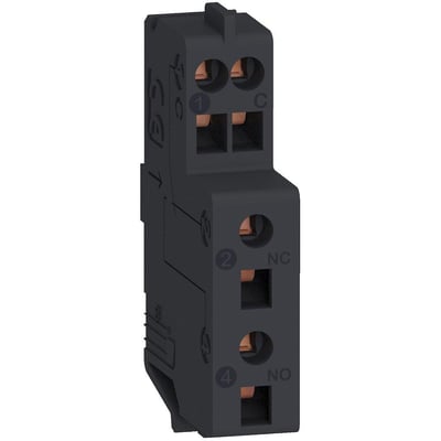 Detaljeret billede af Schneider Electric hjælpe/signalkontakt 1NO-1NC, viser skrueklemmer og mærkningerne 1, 2, 4.