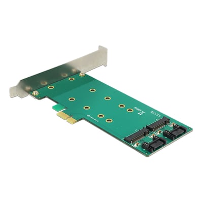 DeLock PCI Express kort med to M.2 SATA porte og standard PCI-E stik på en hvid baggrund.