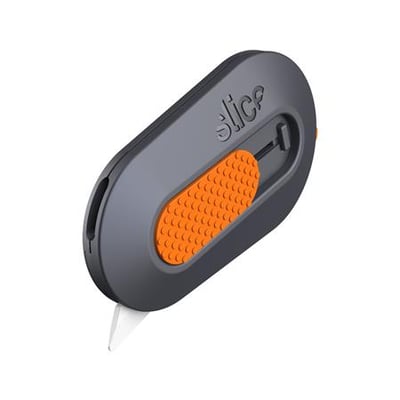 Slice standard minikniv 10515 i mørkegrå med orange greb og et hvidt keramisk blad, der stikker ud.