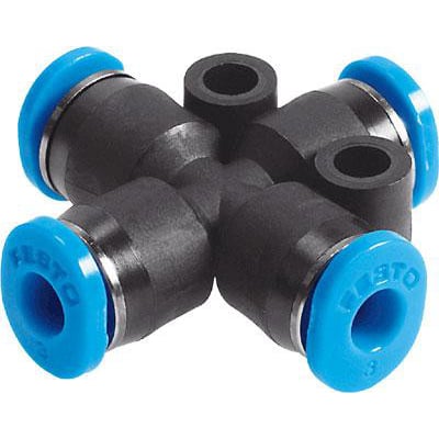 Festo X-forbindelse QSMX-4 med fire sorte samlinger og blå push/pull funktioner, ideel til pneumatiske systemer.