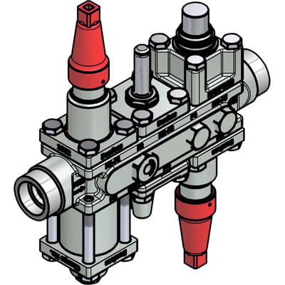 Danfoss Ventilstation ICF 20-6-5MB66 med 25 mm tilslutningsstørrelse, svejsestuds og stålhus, afbildet i 3D-perspektiv med røde detaljer.